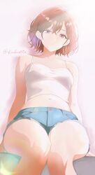 1girl absurdres bare_shoulders blue_shorts brown_hair camisole cutoffs denim denim_shorts earrings highres higuchi_madoka hoop_earrings idolmaster idolmaster_shiny_colors jewelry koukashita looking_at_viewer midriff mole mole_under_eye navel purple_eyes short_hair short_shorts shorts sitting solo twitter_username white_camisole