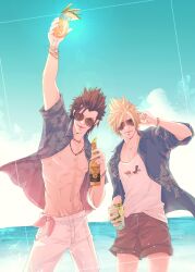 2boys abs arm_up black_hair blonde_hair blue_shirt blue_sky bracelet character_print cloud cloud_strife cloudy_sky collarbone commentary_request cowboy_shot cup drink final_fantasy final_fantasy_vii final_fantasy_vii_ever_crisis floral_print highres holding holding_cup holding_drink horizon jewelry looking_at_another looking_at_viewer male_focus male_swimwear mixmomo_yah multiple_boys necklace ocean open_clothes open_shirt outdoors pectorals pink_ribbon print_shirt ribbon shirt short_hair sky spiked_hair stomach sunglasses swim_trunks tifa_lockhart toned toned_male white_shirt zack_fair zack_fair_(surfer_look)