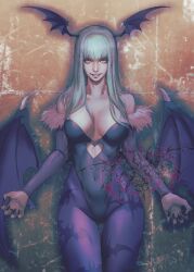 1girl bare_shoulders bat_wings black_leotard blunt_bangs breasts bridal_gauntlets commentary_request darkstalkers demon_wings fujii_eishun green_hair head_wings highres leotard looking_at_viewer morrigan_aensland pantyhose purple_pantyhose red_eyes solo strapless strapless_leotard tagme wings