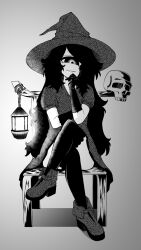 1girl black_gloves chain chair crossed_legs cyclops full_body gloves greyscale halloween hand_up hat highres lantern long_hair looking_at_viewer monochrome one-eyed original shoes short_sleeves simple_background sitting skull solo thighhighs witch_hat yakochu