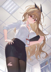 1girl between_breasts black_ribbon black_skirt blush bralines breasts brown_hair brown_pantyhose ceiling ceiling_light clipboard collared_shirt cupboard earrings from_below hair_ornament hair_ribbon hairclip hand_on_own_hip heart heart_earrings heart_hair_ornament highres holding holding_clipboard id_card indoors jewelry large_breasts long_hair long_sleeves looking_at_viewer looking_down nail_polish office_lady original pantyhose parted_lips pencil_skirt ponytail red_eyes red_nails ribbon shirt skirt solo torn_clothes torn_pantyhose very_long_hair wenz white_shirt