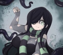 1girl :&gt; aria_wintermint black_dress black_hair black_skirt breasts cleavage clenched_hand dress expressionless fur- fur_trim green_thighhighs hair_over_one_eye highres incoming_attack incoming_punch large_breasts long_hair lucyfer meme meme_attire punching scarf see-through_clothes see-through_sleeves simple_background skirt solo striped_clothes striped_scarf tentacles thighhighs very_long_hair