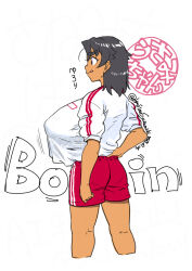 1girl :q arm_at_side black_eyes black_hair breasts character_name commentary_request cropped_legs dark-skinned_female dark_skin gym_shorts gym_uniform hand_on_own_hip highres huge_breasts medium_hair motion_lines original profile red_shorts sanemichi_hajime shirt shirt_tucked_in short_shorts short_sleeves shorts simple_background solo sound_effects sportswear standing thick_eyebrows tongue tongue_out twitter_username usami_(sanemichi_hajime) white_background white_shirt