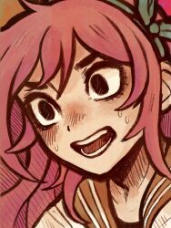 Rule 34 | 1girl, alternate eye color, aubrey (faraway) (omori), aubrey (omori), black eyes, blue hairband, close-up, collarbone, hairband, highres, jacket, long hair, omori, ottie pops, pink hair, solo, sweat, teeth, tongue, upper body, white jacket