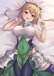 Rule 34 | 1girl, :d, absurdres, bare arms, bare shoulders, bed sheet, black bodysuit, black hairband, blonde hair, blush, bodysuit, breasts, character request, commentary request, covered navel, hair between eyes, hairband, hands up, head tilt, highres, large breasts, legend clover, long hair, looking at viewer, lying, on back, open mouth, pelvic curtain, red eyes, shirt, sleeveless, sleeveless bodysuit, sleeveless shirt, smile, solo, teeth, upper teeth only, white shirt, yuririn poi