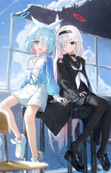 Rule 34 | 2girls, absurdres, arona (blue archive), black choker, black eyes, black hairband, black jacket, black pantyhose, black sailor collar, black serafuku, black shirt, black shoes, black skirt, blue archive, blue eyes, blue hair, blue shirt, choker, closed mouth, colored inner hair, desk, grey hair, hair over one eye, hair ribbon, hairband, highres, jacket, jianjia, long hair, multicolored hair, multiple girls, on desk, open mouth, pantyhose, pink hair, plana (blue archive), pleated skirt, ribbon, sailor collar, school uniform, serafuku, shirt, shoes, short hair, sidelocks, sitting, skirt, smile, two-tone hair, white hairband, white ribbon, white sailor collar, white shoes, white skirt