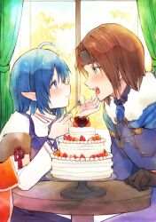 1boy 1girl ashton_anchors blue_hair blush brown_hair cake cape closed_mouth food fork gloves green_eyes headband holding holding_fork naraotoka open_mouth pointy_ears rena_lanford short_hair sitting smile star_ocean star_ocean_the_second_story table window