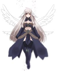 1girl arcane_master_(ragnarok_masters) black_thighhighs blue_gemstone boots breasts cleavage closed_mouth commentary_request datenshi_no_fu feathered_wings full_body gem grey_boots grey_hair grey_skirt grey_tube_top head_wings heart heart-shaped_pupils highres large_breasts long_hair looking_at_viewer ragnarok_masters ragnarok_online red_eyes sidelocks simple_background skirt smile solo strapless symbol-shaped_pupils thighhighs tube_top very_long_hair white_background white_wings wings