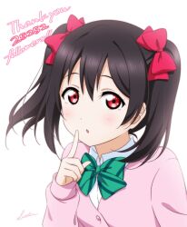 Rule 34 | 1girl, :o, artist name, black hair, bow, bowtie, cardigan, collared shirt, commentary, diagonal-striped bow, diagonal-striped bowtie, diagonal-striped clothes, dress shirt, finger to mouth, green bow, green bowtie, hair bow, hand up, highres, long sleeves, looking at viewer, love live!, love live! school idol project, medium hair, milestone celebration, nico nico nii, number pun, open mouth, otonokizaka school uniform, pink cardigan, red bow, red eyes, school uniform, shiratama (siratama ll), shirt, shushing, signature, simple background, striped clothes, twintails, upper body, white background, white shirt, winter uniform, yazawa nico