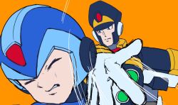 Rule 34 | 2boys, amuro ray, android, armor, black armor, black helmet, blue armor, blue eyes, blue helmet, bright noa, chest jewel, clenched teeth, closed eyes, forehead jewel, gloves, gundam, hat, headset, helmet, high collar, highres, jewelry, lemon inu, looking at another, mega man (series), mega man x (series), mobile suit gundam, multiple boys, orange background, parody, peaked cap, robot, robot ears, shoulder armor, signas (mega man), simple background, slapping, style parody, teeth, white gloves, x (mega man)