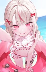 &gt;:) 1girl absurdres alternate_costume beach bikini blunt_bangs blurry blurry_background blush bow bowtie braid breasts demon_wings fangs feet_out_of_frame frilled_bikini frills grey_hair groin hair_intakes hair_ornament hairpin highres holding holding_swim_ring horizon innertube irisu-chan_(yumemiruk) leaning_forward leg_tattoo long_hair looking_at_viewer low_twin_braids low_wings lowleg lowleg_bikini makaino_ririmu multicolored_hair multiple_hairpins navel nijisanji ocean parted_lips pink_hair pink_innertube pointy_ears polka_dot polka_dot_bikini reaching reaching_towards_viewer red_eyes red_nails red_wings selfie sidelocks small_breasts solo streaked_hair swim_ring swimsuit tattoo twin_braids upturned_eyes v-shaped_eyebrows virtual_youtuber white_bikini white_bow white_bowtie winged_heart winged_heart_tattoo wings