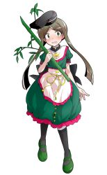 1girl alphes_(style) apron arm_at_side back_bow black_bow black_hat black_socks blush bow brown_hair commentary_request dairi dress frilled_apron frilled_dress frills full_body green_dress green_eyes green_shoes hat holding holding_plant large_variant_set looking_at_viewer mary_janes medium_dress open_mouth parody parted_bangs plant puffy_short_sleeves puffy_sleeves shoes short_hair_with_long_locks short_sleeves simple_background socks solo style_parody tachi-e tearing_up teireida_mai touhou transparent_background variant_set waist_apron white_apron yellow_bow