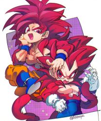 2boys anger_vein artist_name boots crossed_legs dragon_ball dragon_ball_daima floating gloves hand_on_own_face levitation long_hair male_focus multiple_boys ommmyoh open_mouth pants pectorals red_eyes red_hair simple_background son_goku super_saiyan super_saiyan_4 vegeta white_background