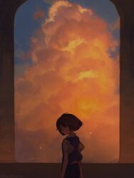 Rule 34 | 1girl, brown hair, cloud, cloudy sky, expressionless, frisk (undertale), golden hour, highres, lazy kun, looking at viewer, medium hair, shirt, sky, solo, undertale
