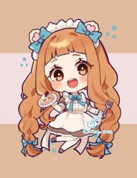 1girl :d apron blue_bow blush bow braid brown_background brown_dress brown_eyes brown_hair brown_shoes cake cake_slice commentary_request dress food fork frilled_apron frills fruit full_body hair_bow holding holding_fork holding_plate ichihara_nina idolmaster idolmaster_cinderella_girls idolmaster_cinderella_girls_starlight_stage long_hair looking_at_viewer low_twintails maid maid_apron maid_headdress open_mouth pantyhose pink_background plate puffy_short_sleeves puffy_sleeves rino_cnc shoes short_sleeves smile solo star_(symbol) strawberry twin_braids twintails twitter_username two-tone_background very_long_hair white_apron white_pantyhose wrist_cuffs