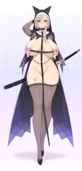 1girl absurdres animal_ears black_thighhighs breast_curtains breasts fake_animal_ears highres holding holding_sword holding_weapon huge_breasts nipple_chain nipple_piercing nun original piercing rekaerb_maerd sword thighhighs weapon