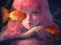 1girl absurdres arm_on_table bare_arms blue_background chinese_commentary commentary_request expressionless fish goldfish highres light_blush light_particles lipstick long_hair looking_at_another makeup nikki_(nikki) nikki_(series) one_eye_covered parted_lips pink_hair pink_lips ribbon sea0 shining_nikki solo upper_body yellow_ribbon