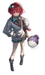 1girl absurdres amate_yuzuriha aqua_skirt artist_name bag black_boots black_necktie boots closed_mouth commentary franlol full_body green_eyes grey_socks grey_sweater gundam gundam_gquuuuuux hand_on_own_hip haro highres long_sleeves looking_at_viewer miniskirt necktie red_hair red_necktie short_hair shoulder_bag simple_background skirt socks standing sweater two-tone_necktie white_background wing_collar