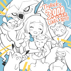 1girl alolan_form alolan_vulpix aqua_background bare_arms blunt_bangs blush braid closed_eyes dress eyelashes facing_viewer gen_1_pokemon gen_7_pokemon happy highres holding holding_pokemon kinocopro lillie_(pokemon) long_hair milestone_celebration nintendo pikachu pokemon pokemon_(anime) pokemon_(creature) pokemon_sm_(anime) popplio sleeveless sleeveless_dress smile steenee thank_you togedemaru turtonator twin_braids