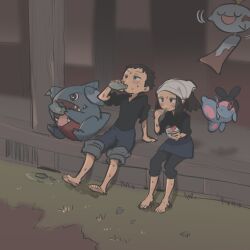 Rule 34 | 1boy, 1girl, akari (pokemon), barefoot, black eyes, black hair, black shirt, blue skirt, bowl, chimecho, commentary request, creatures (company), drinking, eating, finneon, fish, food, game freak, gen 3 pokemon, gen 4 pokemon, gible, headscarf, highres, holding, holding bowl, holding spoon, kinni, long sleeves, miniskirt, nintendo, pants, pants rolled up, pokemon, pokemon (creature), pokemon legends: arceus, rain, rei (pokemon), shaved ice, shirt, skirt, sleeves rolled up, spoon, wet, white headscarf