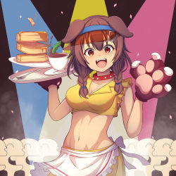 1girl :d animal_ears animal_hands apron blush braid breasts brown_eyes brown_hair chili_pepper cleavage collar collared_shirt crop_top cup dog_ears dog_girl doggy_god&#039;s_street food fork gloves groin highres holding holding_tray hololive inugami_korone long_hair looking_at_viewer midriff navel open_mouth pancake pancake_stack paw_gloves plate saucer severed_finger shirt sleeveless sleeveless_shirt smile solo spiked_collar spikes spotlight syrup tea teacup tray twin_braids virtual_youtuber visor waist_apron yorunaku_tanishi