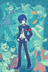 5boys amada_ken animal aragaki_shinjirou arm_up armband bandaid bandaid_on_face bandaid_on_forehead baseball_cap beanie wallet_chain black_gloves black_hat black_jacket black_pants black_ribbon black_shorts blue_background blue_hair blue_outline blue_shoes blue_theme cameo clothed_animal coat collared_shirt dog expressionless facial_hair fighting_stance finger_gun full_body gekkoukan_high_school_uniform gloves goatee grey_eyes grey_hair grin hair_over_one_eye hand_on_headwear hand_up hands_in_pockets hands_up hat headphones holding holding_animal holding_dog hood hood_down hoodie iori_junpei jacket kneehighs koromaru_(persona) long_sleeves male_focus multiple_boys neck_ribbon orange_hoodie outline outstretched_arm outstretched_hand pants parted_lips persona persona_3 pointing pointing_at_viewer raised_fists red_armband red_coat red_vest ribbon s.e.e.s sanada_akihiko school_uniform shiba_inu shirt shoes short_hair short_shorts shorts smile socks solo_focus sparkle sweater_vest vest white_shirt white_shoes white_socks yuuki_makoto_(persona_3) zoe_stanley