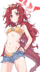 1girl bikini bikini_under_shorts blue_archive blue_shorts breasts closed_mouth cowboy_shot denim denim_shorts dragon_girl dragon_tail halo hands_on_own_hips highres horns karahai_(31448823) long_hair looking_at_viewer official_alternate_costume open_fly red_eyes red_hair red_halo renge_(blue_archive) renge_(swimsuit)_(blue_archive) shorts single_horn small_breasts solo swimsuit tail yellow_bikini