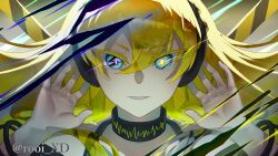 1girl black_choker blonde_hair blue_eyes cable choker floating_hair glowing glowing_eyes grey_background grin hair_between_eyes hands_up headphones highres lily_(vocaloid) looking_at_viewer portrait rooi_xd smile solo straight-on vocaloid