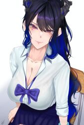 Rule 34 | 1girl, absurdres, breasts, chair, cleavage, gyaru, hair ornament, highres, hololive, hololive english, horns, large breasts, long hair, looking at viewer, mole, mole under eye, nerissa ravencroft, on chair, ponytail, purple eyes, school uniform, shikuroo0, smile, solo, solo focus, sticker, sticker on face, virtual youtuber