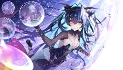 1girl absurdres aqua_hair bare_shoulders black_bodysuit black_hair blue_hair bodysuit breasts bubble cleavage colored_inner_hair gloves goddess_of_victory:_nikke hair_intakes highres large_breasts little_mermaid_(nikke) long_hair looking_at_viewer multicolored_hair ninney5 see-through_cleavage see-through_clothes smile solo twintails very_long_hair yellow_eyes