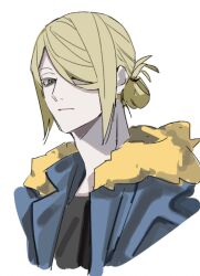 Rule 34 | 1boy, :|, alternate costume, black shirt, blonde hair, blue jacket, closed mouth, commentary request, cropped torso, edamameko210, fur-trimmed hood, fur trim, grey eyes, hair over one eye, highres, hood, hood down, hooded jacket, jacket, lapels, looking down, male focus, nintendo, notched lapels, one eye covered, open clothes, open jacket, parted bangs, pokemon, pokemon legends: arceus, shirt, simple background, solo, volo (pokemon), white background