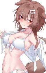 1girl :3 absurdres animal_ear_fluff animal_ears armpit_crease bikini blush bone_hair_ornament braid breasts cleavage closed_mouth clothes_pull collarbone commentary_request dog_ears dog_girl dog_tail front-tie_bikini_top front-tie_top hair_between_eyes hair_ornament highres hololive inugami_korone korean_commentary looking_at_viewer low_twin_braids medium_breasts medium_hair navel open_clothes open_shirt orange_eyes rei_(9086) shirt shirt_pull simple_background smile solo stomach swimsuit tail twin_braids upper_body virtual_youtuber white_background white_bikini white_shirt