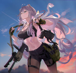 1girl absurdres ahoge animal_ear_fluff animal_ears beek black_gloves black_nails black_shorts black_sports_bra breasts brown_pantyhose closed_mouth cloud ear_piercing fingerless_gloves floating_hair gloves grey_eyes grey_hair gun gun_sling hair_between_eyes handgun highres holding_strap hololive holster holstered large_breasts lion_ears lion_girl lion_tail long_hair looking_away nail_polish navel open_clothes open_shirt outdoors pantyhose piercing pistol rifle shirt shishiro_botan shishiro_botan_(button-down) shorts sky solo sports_bra standing stomach tail thigh_strap very_long_hair virtual_youtuber weapon white_shirt