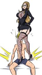 1boy 1girl ball_busting bdsm black_dress black_gloves blonde_hair breasts bulge cbt cleavage dress earrings femdom fishnets glasses gloves high_heels jewelry kalifa_(one_piece) large_breasts legs long_hair miniskirt ocigart one_piece skirt stepping_on_penis thighhighs thighs