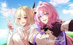 2girls ahoge arcueid_brunestud artist_name blonde_hair blue_eyes blue_sky breasts cleavage cloud commentary commission corset day elf elysia_(honkai_impact) elysia_(miss_pink_elf)_(honkai_impact) english_commentary hair_ornament highres honkai_(series) honkai_impact_3rd jewelry large_breasts long_hair multiple_girls necklace open_mouth outdoors pointy_ears red_eyes selfie short_hair shrug_(clothing) sky smile sun sunlight sweater teeth tsukihime turtleneck turtleneck_sweater upper_teeth_only v white_corset white_sweater yeonpoppu