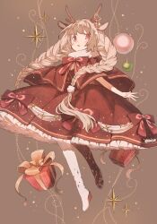 1girl age_(karaagem0320) animal_ears antlers blush boots bow box braid brown_hair cape christmas christmas_ornaments christmas_present commentary_request deer_antlers deer_ears deer_girl dress dress_bow frilled_dress frills full_body fur_collar gift gift_box hair_ornament highres horns long_hair looking_to_the_side open_mouth original pom_pom_(clothes) pom_pom_hair_ornament red_eyes solo twin_braids very_long_hair