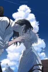 2boys bag bench black_hair blue_eyes bottle cloud cloudy_sky collared_shirt commentary_request earrings getou_suguru gojou_satoru grabbing_another&#039;s_chin hand_on_another&#039;s_chin hand_on_another&#039;s_face highres holding holding_bottle jewelry jujutsu_kaisen kiss long_hair male_focus multiple_boys ntyk_no outdoors shirt short_hair shoulder_bag sky spiked_hair stud_earrings surprised upper_body white_hair white_shirt wide-eyed wooden_bench yaoi