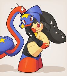 2girls @_@ artist_name between_breasts big_hair black_coat black_hair black_skin blue_hair blue_skin blush bottomless breasts carrying carrying_person closed_mouth coat colored_skin creatures_(company) embarrassed extra_mouth female_focus from_side full_body game_freak garchomp gen_3_pokemon gen_4_pokemon grabbing_another&#039;s_ass grey_background groping happy head_between_breasts height_difference high_ponytail hug interspecies long_hair long_sleeves looking_at_viewer mawaifu mawile multicolored_hair multicolored_skin multiple_girls nintendo no_shirt nose_blush open_clothes open_coat open_mouth pokemon pokemon_(creature) ponytail red_eyes red_hair red_skin sharp_teeth sidelocks signature simple_background small_breasts smile spiked_hair_ornament spikes standing star_(symbol) teeth thick_thighs thighs two-tone_hair two-tone_skin very_long_hair wavy_mouth wide-eyed yellow_skin yuri