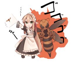 1girl apron aria_(fuurin) blonde_hair boots bug_spray can elf fuurin_(tukimitake) green_eyes hair_ribbon holding holding_can long_hair maid maid_apron maid_headdress open_mouth original pointy_ears red_ribbon ribbon simple_background very_long_ears very_long_hair wasp white_background