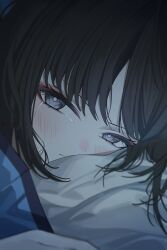 1girl absurdres black_hair blue_archive blue_haori blush closed_mouth crying grey_eyes hair_between_eyes haori head_on_pillow head_only highres japanese_clothes kikyou_(blue_archive) long_hair looking_at_viewer pillow sidelocks streaming_tears tears winterflower