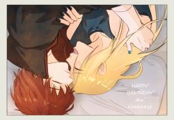 2boys ^_^ akatsuki_uniform black_nails blonde_hair blush closed_eyes cuddling deidara_(naruto) english_text green_nails grey_shirt happy highres hug long_hair male_focus miomu4 multiple_boys naruto_(series) naruto_shippuuden open_clothes open_mouth open_robe parted_lips pillow red_hair robe sasori_(naruto) shirt short_hair upside-down yaoi