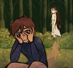 Rule 34 | 1boy, 1girl, alternate eye color, black eyes, black hair, blue sweater, blush, brown hair, brown pants, closed mouth, colored skin, dark-skinned male, dark skin, dress, forest, hands on own face, hero (faraway) (omori), hero (omori), highres, long hair, long sleeves, looking at another, mari (omori), mari (spirit) (omori), nature, omori, ottie pops, outdoors, pants, parted lips, short hair, short sleeves, squatting, sweater, tree, white dress, white skin