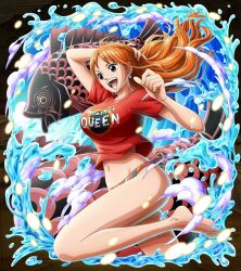 barefoot bikini breasts brown_eyes clothes_writing feet fish happy large_breasts long_hair multicolored_bikini nami_(one_piece) navel official_art one_piece one_piece_treasure_cruise open_mouth orange_hair red_shirt shirt smile swimsuit