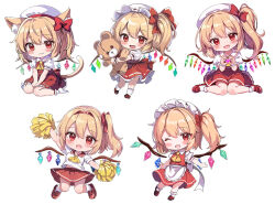 1girl :d ;d animal_ears apron ascot blonde_hair blush bobby_socks bow cat_ears cat_tail cheerleader chibi chibi_only closed_mouth commentary_request fang flandre_scarlet full_body hair_between_eyes hair_bow hairband hat heart heart_hands holding holding_pom_poms kemonomimi_mode long_hair looking_at_viewer maid_headdress mary_janes mob_cap multiple_views one_eye_closed one_side_up open_mouth pom_pom_(cheerleading) pom_poms puffy_short_sleeves puffy_sleeves red_bow red_eyes red_hairband red_shoes red_skirt red_vest ribbon-trimmed_skirt ribbon_trim rikatan sailor_collar shirt shoes short_sleeves simple_background sitting skirt smile socks stuffed_animal stuffed_toy tail teddy_bear touhou vest wariza white_apron white_background white_hat white_shirt white_socks wings yellow_ascot