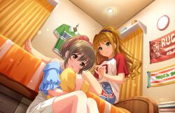 Rule 34 | 2girls, alternate hairstyle, bare legs, bare shoulders, barefoot, bedroom, blonde hair, blue shirt, blue shorts, blush, bow, breasts, brown eyes, brown hair, dolphin shorts, feet, feet out of frame, green eyes, hair bow, hair intakes, hair ribbon, hino akane (idolmaster), holding, holding pillow, hori yuko, idolmaster, idolmaster cinderella girls, idolmaster cinderella girls starlight stage, indoors, jewelry, knees up, long hair, lying, miniskirt, multiple girls, necklace, official art, on back, on bed, pillow, ponytail, ribbon, shirt, short sleeves, shorts, sidelocks, sitting, skirt, small breasts, soles, t-shirt, toenails, toes, unworn shirt, white skirt