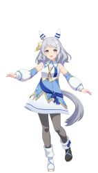 Rule 34 | 1girl, animal ears, arms at sides, asymmetrical footwear, bad link, boots, breasts, brown eyes, detached sleeves, full body, game model, gem, grey hair, hair ornament, highres, hishi miracle (umamusume), horse ears, horse girl, horse tail, looking at viewer, medium breasts, medium hair, mismatched footwear, official art, open mouth, sash, simple background, solo, standing, string, tachi-e, tail, transparent background, umamusume