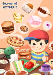 artist_request banana bun burger cake candy chicken_(food) cookie doseisan eating egg food french_fries fried_chicken fruit hat meat mother_(series) mother_2 ness_(mother_2) nintendo noodles pasta pizza pudin ramen sandwich shirt shish_kebab soda spaghetti strawberry_shortcake super_smash_bros.
