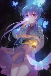 1girl absurdres blowing blue_hair blush braid braided_bun bug butterfly butterfly_on_hand flowingcrescent forest from_below hair_bun highres holding holding_lantern insect japanese_clothes kimono lantern long_sleeves looking_at_viewer nature night obi outdoors purple_eyes sash short_hair_with_long_locks single_hair_bun solo sorakado_ao standing summer_pockets thighs white_kimono yukata