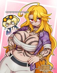 1boy 1girl belt blonde_hair breasts cleavage highres large_breasts navel pants popopopoooooooy red_eyes tattoo