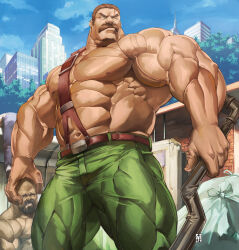 3boys alley biceps broad_shoulders brown_eyes brown_hair building city facial_hair final_fight grabbing_another&#039;s_head green_pants holding holding_lead_pipe itadori_shuu lead_pipe looking_up male_focus mike_haggar multiple_boys muscular muscular_arms muscular_male mustache pants pectorals short_hair suspenders thick_neck topless_male